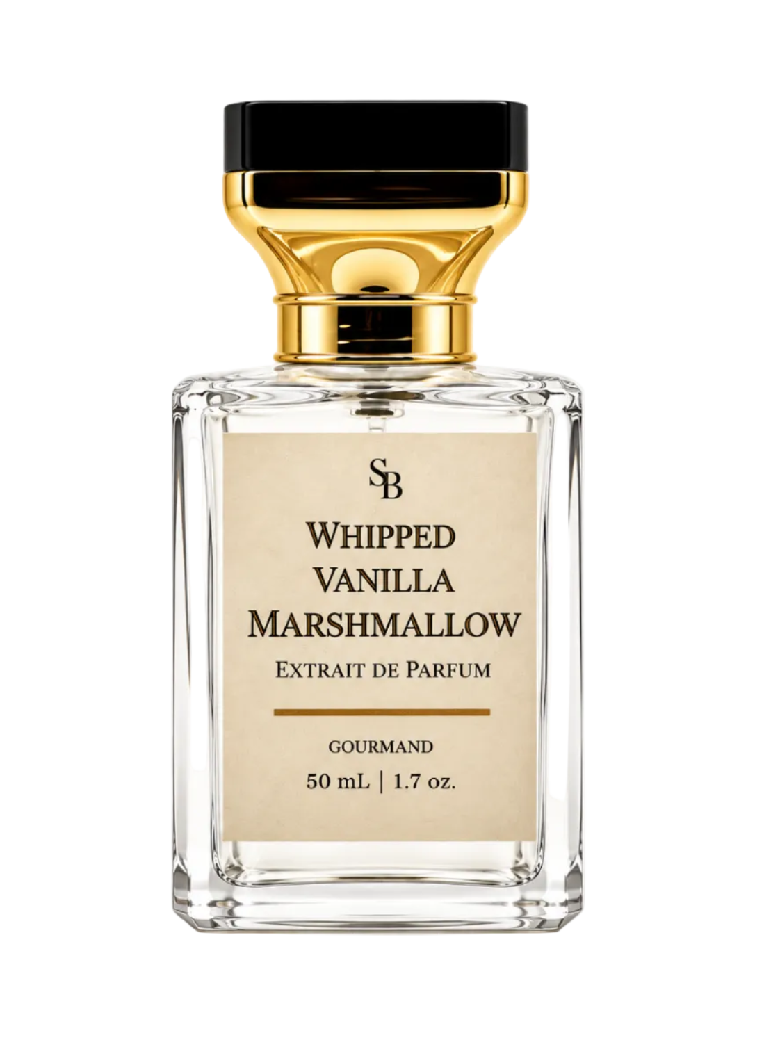 A 50 mL bottle of Gourmet Whipped Vanilla Marshmallow Extrait de Parfum. The clear glass bottle features a beige paper label with black text and a black and gold cap, set against a clean white background.