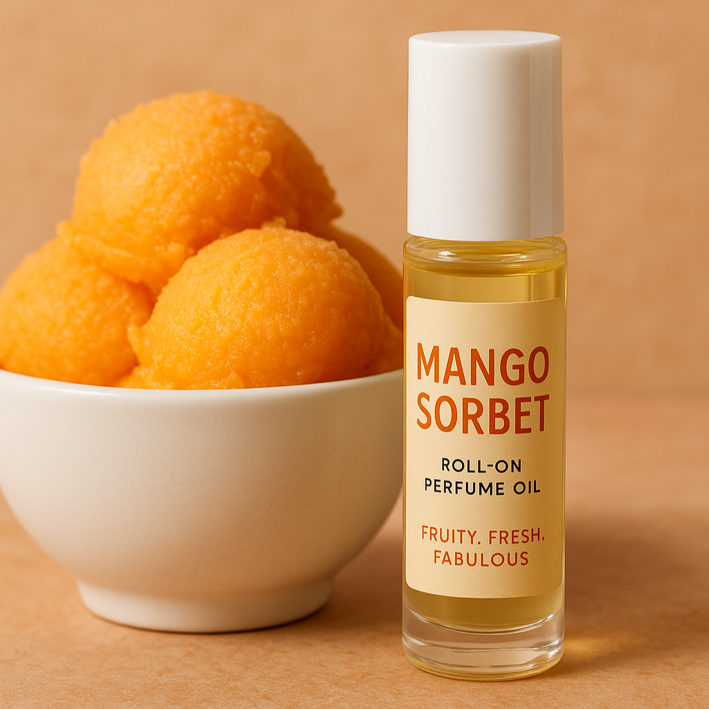 Mango sorbet roll-on perfume oil with sorbet balls in a bowl on a beige background