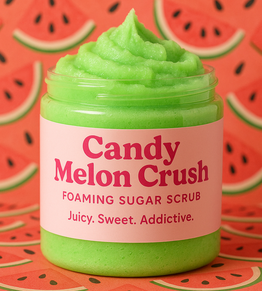 Jar of Candy Melon Crush foaming sugar scrub with watermelon pattern in the background